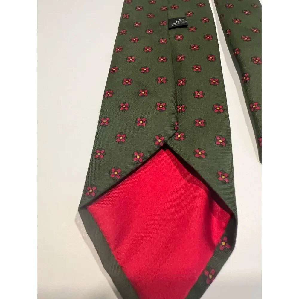 The Berkeley Shop Louis Silk Necktie Green with Red Geometric All Over Print JL